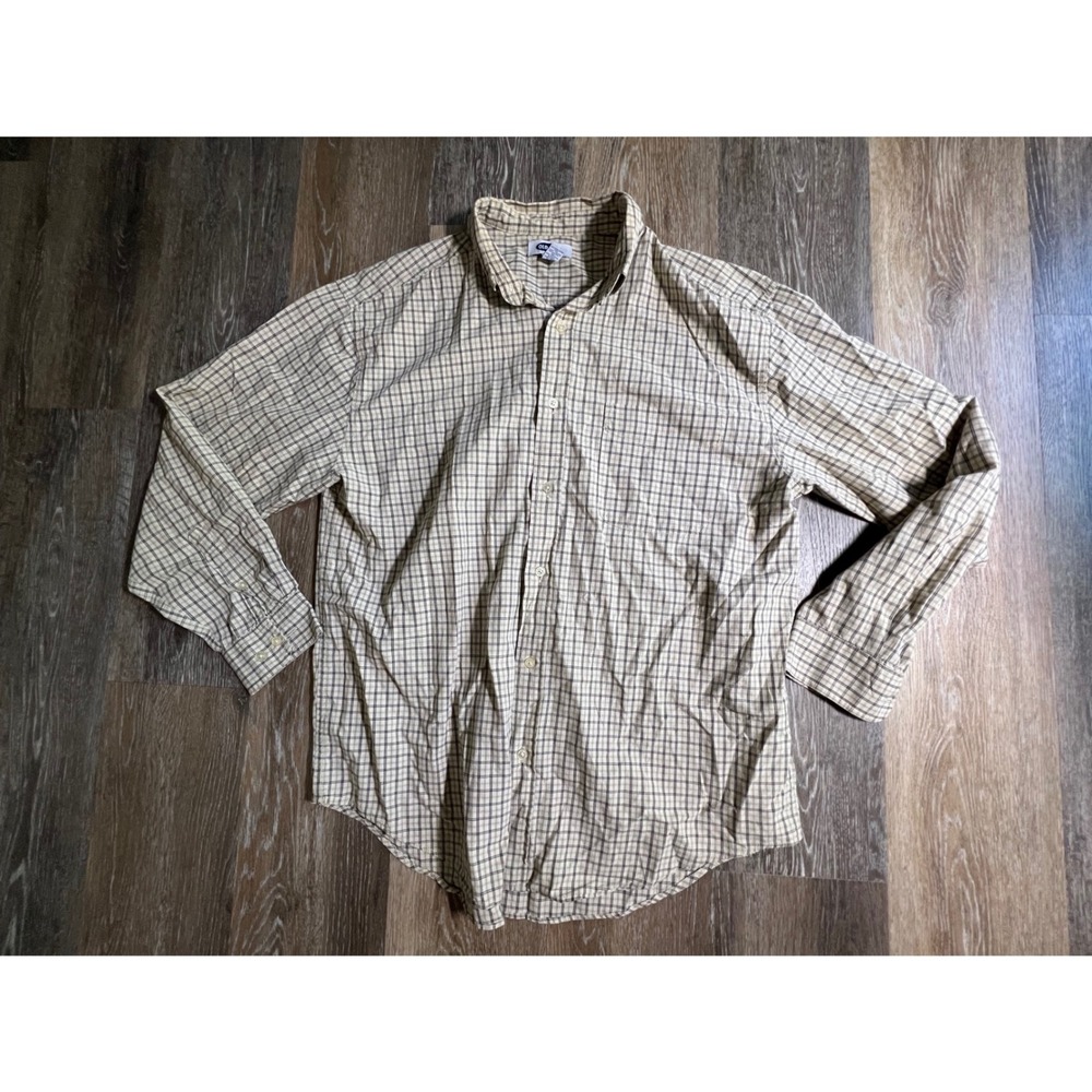 Old Navy Plaid Button Down‎ Mens Large Tan Blue Long Sleeve Cotton Shirt